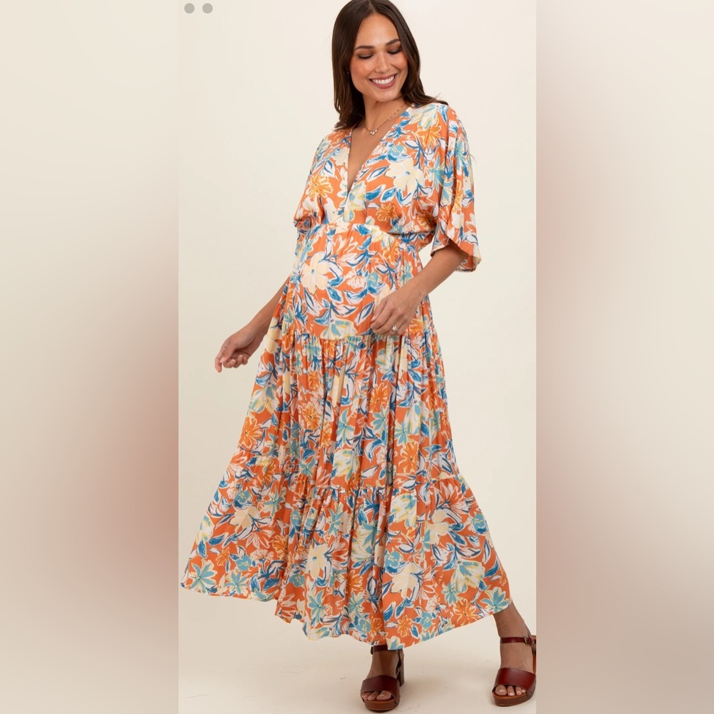 Maternity Peach Floral Dolman Sleeve Tiered Dress